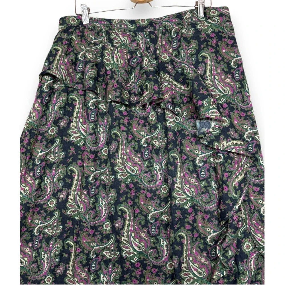 Sundance Skirt Womens XL Green Pink Paisley Caldera Ruffle Midi A Line Prairie